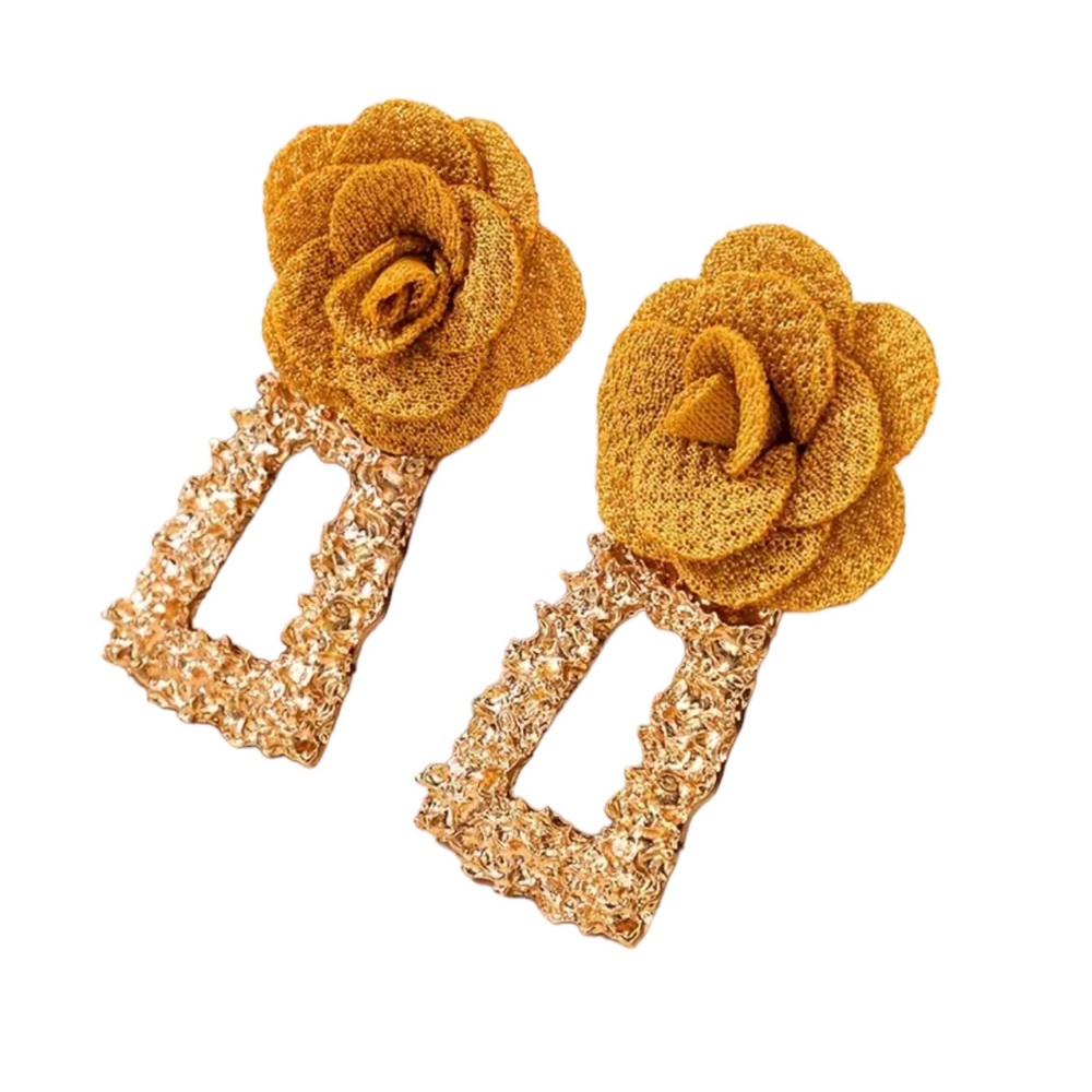 Flower with Gold Geometric Drop Earrings